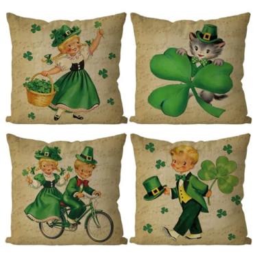 Imagem de GAGEC Capas de almofada de Dia de São Patrício 50 x 50 cm Conjunto de 4 fronhas vintage trevo verde decoração retrô para sofá para casa fronha feliz dia de São Patrício decoração de casa de fazenda