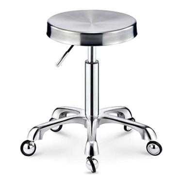 Imagem de SGeneE Banco giratório com rolamento de carga 440 Ib Banqueta redonda com rodas, banco giratório de aço inoxidável ajustável em altura, bancos de beleza prata