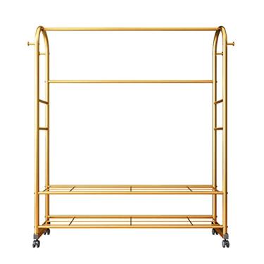 Imagem de SLGGPJBU Suporte para banco de sapatos com trilho de vestuário, cabideiro, dourado, com roda e 4 ganchos laterais, suporte independente para casaco com prateleira de 2 camadas
