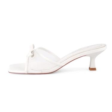 Imagem de pinokino Sandálias femininas de salto gatinho de bico quadrado de 5 cm com laço, salto baixo confortável sem cadarço de malha para festas, casamentos, eventos noturnos e uso diário casual, Pérola, 42