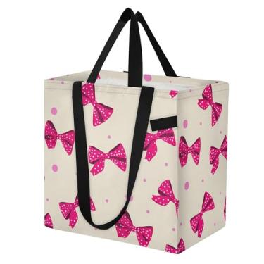 Imagem de SEHANY Sacolas de compras reutilizáveis com laço rosa fofo com alças reforçadas, bolsa de compras de lona dobrável à prova d'água de grande capacidade para viagem, cozinha, praia