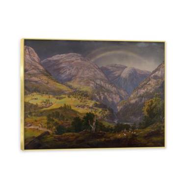 Imagem de Moldura dourada. Reprodução de arte famosa de J.C. Dahl, arte em tela de paisagem romântica nórdica, decoração de parede elegante para sala de estar, escritório, pronta para pendurar. (Paisagem 9). 30