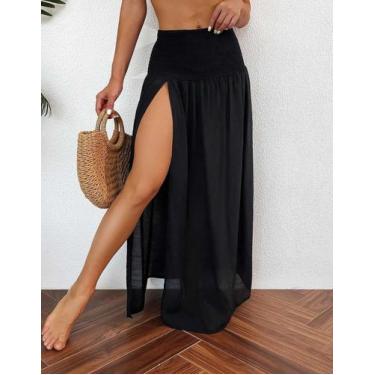 Imagem de Saia Longa Feminina Fenda Lateral Saida de Praia Franzida Elástico Mod