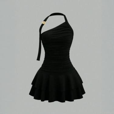 Imagem de Vestido Curto Em Suplex Saia Franzido com Aviamento Cor:PretoTamanho:P