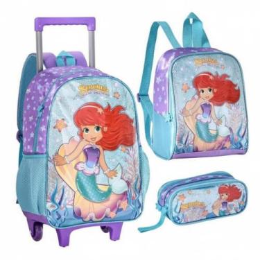 Imagem de Kit Mochila Carrinho 16 Estojo e Lancheira Sereias Encantos - Clyo Sty