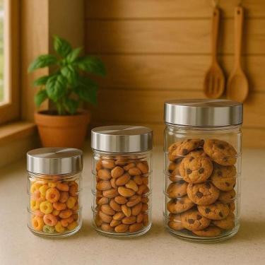Imagem de Kit 3 Potes Vidro Tampa Inox Vasilha Recipiente Organiza Alimento Arro