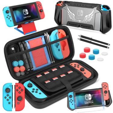 Imagem de HEYSTOP Estojo de transporte compatível com Nintendo Switch, acessórios atualizados 14 em 1 incluem capa de viagem, capa protetora de TPU, protetor de tela, capa de aderência, suporte de brinquedo, caneta de tela sensível ao toque e tampa de polegar