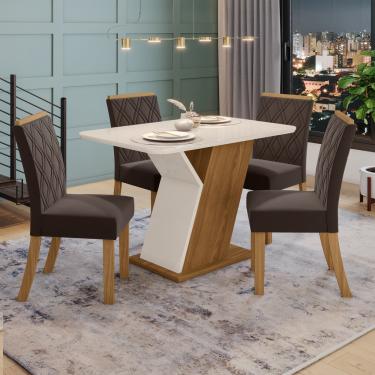 Imagem de Conjunto Sala de Jantar Tampo MDF com Vidro Canto Arredondado 120 Cm 04 Cadeiras Lupita Casa 812 - Nature com Off White e Marrom Expresso