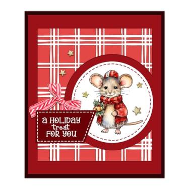 Imagem de YIXUAN Conjunto de ratos fofos em trajes de Natal, carimbos transparentes e matrizes de corte de metal com caixa de envelope para fazer cartões, materiais de scrapbook, molde de faca de carimbo de