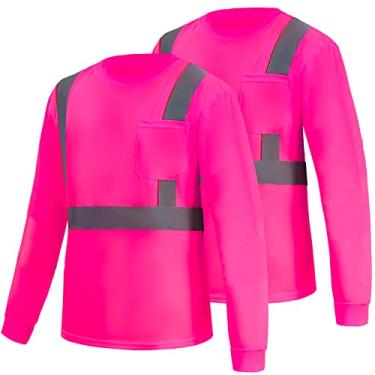Imagem de New Olym Camiseta masculina Hi Vis Safety com manga comprida refletiva de alta visibilidade com bolso (M-3GG), 2 peças - rosa - novo, M