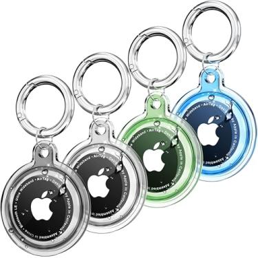 Imagem de Galafoki Pacote com 4 porta-etiquetas de ar, capa impermeável para Apple Air Tag, pacote com 4 com chaveiro, à prova de poeira e arranhões para cães, gatos, bolsas, chaves, bagagem, preto + branco +