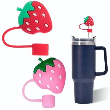 Imagem de Capa de palha de morangos vermelhos e rosa para copo Stanley de 40 e 850 g, tampa de palha de silicone de 10 mm para acessórios de copo Stanley, topo bonito para copos, tampa de tampa para canudos