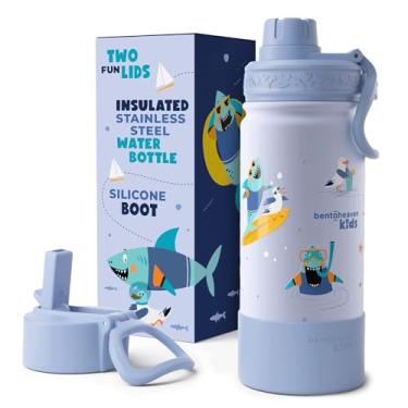 Imagem de Bentoheaven Garrafa de água infantil de aço inoxidável para meninos e meninas, 2 tampas (Chug & Canudo), alça e bota de silicone, copo térmico de metal reutilizável à prova de vazamento, escola e