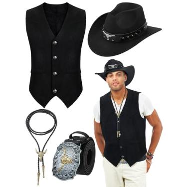 Imagem de Cutecrop 4 peças de roupas ocidentais para homens colete de couro de camurça cowboy chapéu gravata fivela cinto para festa à fantasia de Halloween, Preto, M