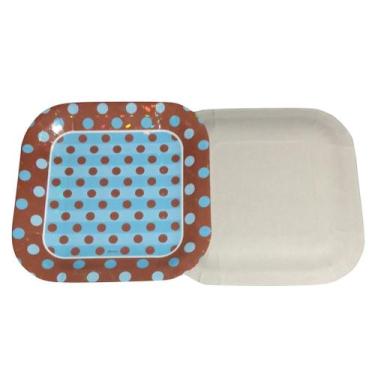 Imagem de Prato Quadrado Holográfico Poá Azul e Marrom - 8 Unidades - Junco