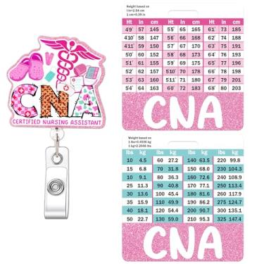 Imagem de CNA Badge Reel and Buddy - CNA Badge Buddy Horizontal com tabelas de conversão de altura e peso, carretel de crachá rosa com clipe giratório para assistente de enfermagem certificado, acessórios CNA