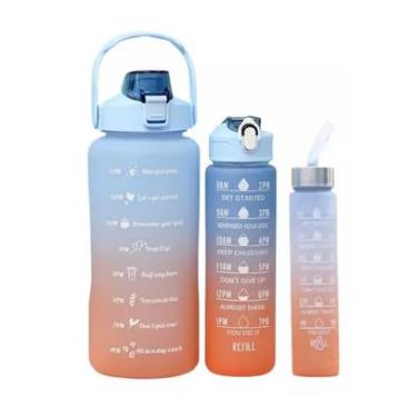 Imagem de Kit 3 Garrafas de Água Squeeze Motivacionais para Academia, Coloridas, Antivazamento com Adesivos (Azul)