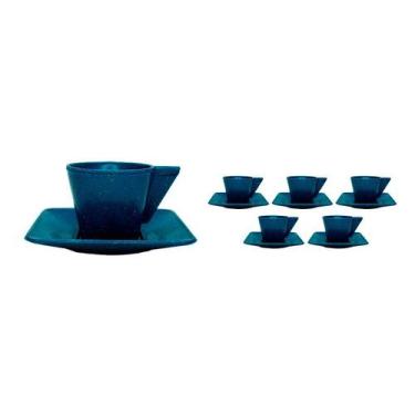 Imagem de Kit 6 Xícara E Pires 50Ml Fibra Madeira Azul - Bb Store