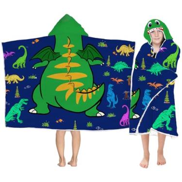 Imagem de Toalha de praia com capuz de dinossauro para meninos, toalha poncho de dinossauro T-Rex macia e absorvente, roupão de banho azul verde de 76 x 127 cm para crianças, desenho animado, secagem rápida