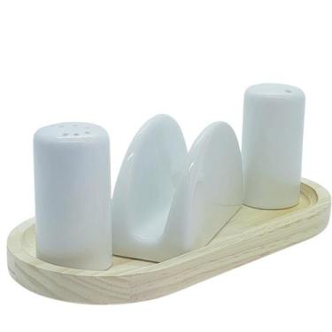 Imagem de Kit Cozinha 4 peças Sal, Paliteiro e Porta Guardanapo - Porcelana e Ba