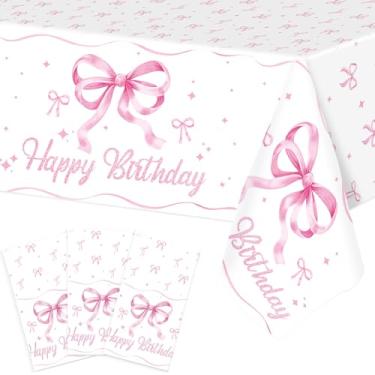Imagem de Windkream 3 peças de toalha de mesa com laço rosa, decoração de aniversário, 203 x 139 cm, tema de laço, descartável, retangular, impermeável, capas de mesa de plástico para casamento, chá de bebê,