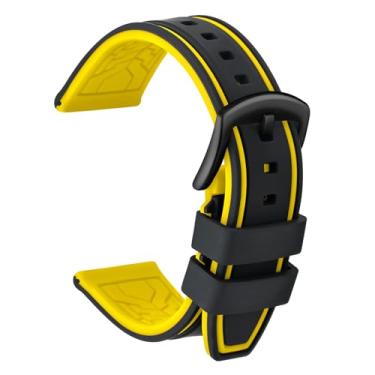 Imagem de ULLCHRO Pulseira de silicone para relógio de borracha, impermeável, bicolor masculina e feminina, 20, 22, 24, 26 mm com fivela de aço inoxidável escovado preta (26 mm, preto e amarelo)
