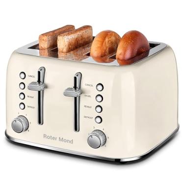 Imagem de Roter Mond Toaster 4 Slice Retro Stainless Steel with Extra Wide Slots Bagel, Defrost, Reheat Function, Dual Independent Control Panel, Removable Crumb Tray, 6 Browning Levels, Cream White
