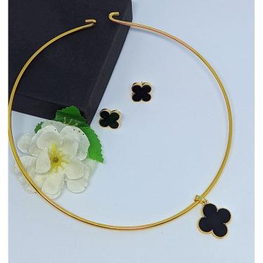 Imagem de kit Colar Choker aro liso Rigído Par de Brincos antialérgico com Pingente Flor trevo Rosa Verde Branco Tendência Fashion