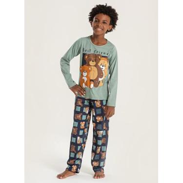 Imagem de Pijama Longo Infantil Menino Verde Blusa e Calça Ursinhos Amigavéis - 