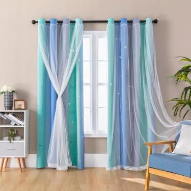 Imagem de XiDi Conjunto de 2 painéis de cortinas para quarto de meninas, azul, verde, cinza, blecaute, arco-íris, para decoração de quarto de crianças, decalques de parede de unicórnio para quarto de bebê, 86