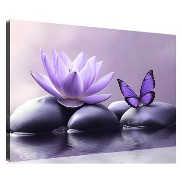 Imagem de TutuBeer 1 painel de arte de parede em tela roxa imagens roxas pedra spa com borboleta de lírio de água na água fotos pôster arte de parede zen para sala de estar quarto pronto para pendurar, 30 x 45