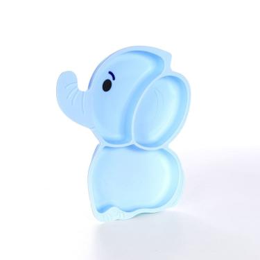 Imagem de Prato Bebe Infantil Silicone Ventosa 3 Divisórias Introdução Alimentar Elefantinho Azul