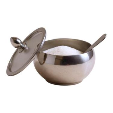 Imagem de Açucareiro Saleiro Colher Aço Inox Tampa De Vidro Mantimento - Kadê