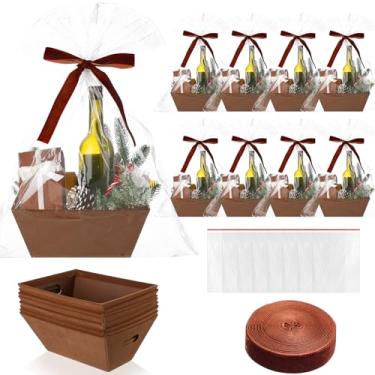 Imagem de Kolldenn 24 cestas de Natal marrom veludo, para presente, vazias, faça você mesmo, 20 x 25 cm, kit de cestas de presente com alças, 8 cestas de veludo, 8 sacos e 8 laços para encher para Natal