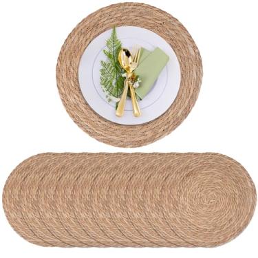 Imagem de Pacote com 10 pratos redondos de 33 cm, tapetes de mesa de vime de vime de vime, carregadores trançados de juta para pratos de jantar, tapetes rústicos de tecido boêmio para decoração de mesa de