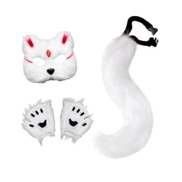 Imagem de kowaku Conjunto de máscara e cauda de animal, máscara de gato lobo para boate, fantasia de festa de Halloween, Chip Vermelho Branco