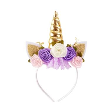 Imagem de Nishine Tiara de unicórnio, flores não tecidas, orelhas de gato, cabeça de pônei, chifres com glitter, para cosplay, artigos de festa de unicórnio (ouro, marfim)