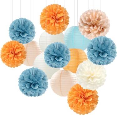 Imagem de Lanternas de flores de papel para decoração de festa azul e rosa claro - 15 peças