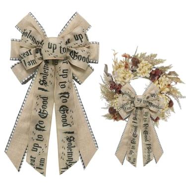 Imagem de ALIBBON Grande laço de Halloween para grinaldas, I Sollemnly Swear That I Am Up to No Good Grinald, laço de fita xadrez de búfalo preto e branco para porta da frente, decoração de sala de cinema