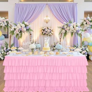 Imagem de CREATCABIN Saia de mesa rosa de 1,8 m saias de mesa de tule saias de mesa retangulares saia de mesa babados capa de toalha de mesa decorações poliéster com fita adesiva para aniversário, festa de