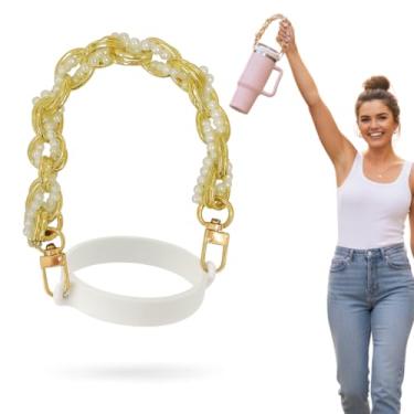 Imagem de Biddlebee Alça e alça de copo com corrente de ouro e pérolas – suporte de copo inspirado no designer para Stanley, Owala, Hydroflask – alça de transporte para garrafas de água, canecas, carrinhos de