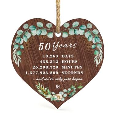Imagem de SIABERTERL Enfeite de 50º aniversário de 2025, 50º aniversário para pais casais, ornamento MDF de 50 anos para casamentos em casa com fita e caixa de presente de cor de amor