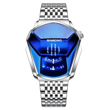 Imagem de Gosasa Relógio de pulso masculino simples, moderno, moderno, casual, à prova d'água, quartzo, formato geométrico, relógio digital masculino criativo, Aço azul prateado