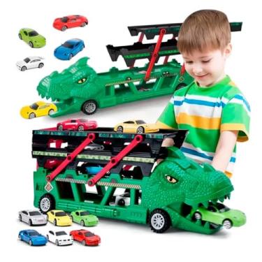 Imagem de Caminhão Transportador de Carros Dinossauro, Plástico Verde, Com 6 Carrinhos Inclusos, Brinquedo Educativo para Crianças Acima de 3 Anos, Carreta com Dois Níveis e Cabeça de T-Rex