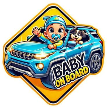 Imagem de Ímã Baby On Board – Lindo bebê e cachorro em design SUV azul | Placa de segurança de carro infantil de 15 x 15 cm da SIGNS THAT POP – Magnético, à prova de intempéries | Ímã de veículo de desenho