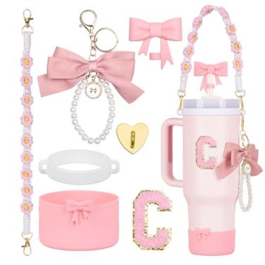 Imagem de Rabrgab Conjunto de acessórios para copo Stanley rosa com 7 peças – topo de palha com laço, pingente de laço fofo, bota de silicone com design de laço, alça de alça de garrafa de água e adesivo de