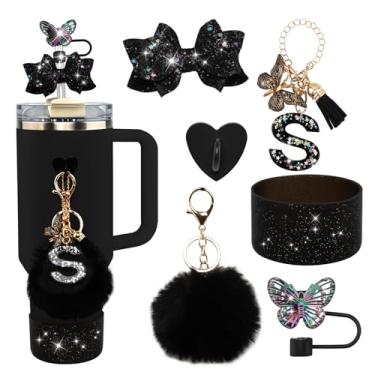 Imagem de Conjunto de 6 peças de acessórios para copo Stanley preto - tampa de cobertura de palha de borboleta, laço brilhante para canudo, bota de silicone brilhante, pingente de letra e pompom para copos
