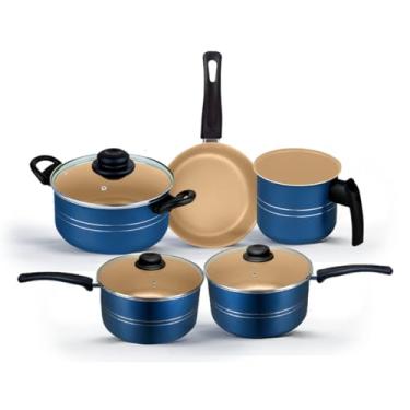 Imagem de Jogo de Panelas Antiaderente 5 Peças Azul/Creme com 5 camadas de antiaderente(Azul)