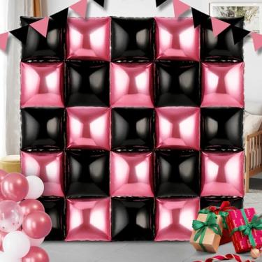 Imagem de SUPXYC 25PCS Pink Black Square Foil Balloons Wall Backdrop, Pink Square Balloon Wall, Party Square Balloon Wall Backdrop, Double Sided Foil Balloons Backdrop for Girl Video Game Party Decoration