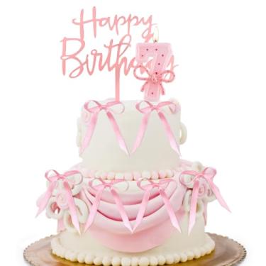 Imagem de Vela de laço rosa número 7 para bolo de aniversário com 6 fitas - 7 cm grande glitter rosa decoração de aniversário para festa de 7 anos, aniversário e artigos de festa de meninas